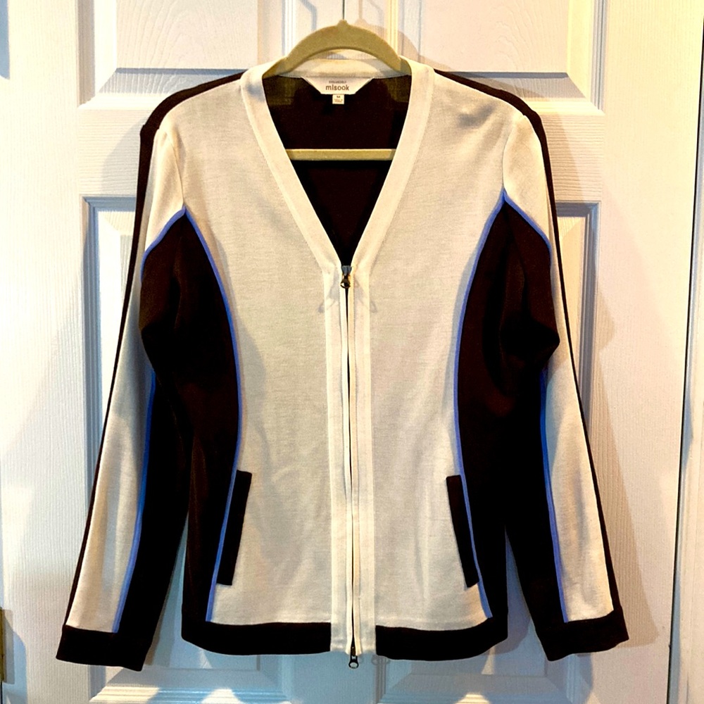 MISOOK BLACK WHITE w/Blue Trim CARDIGAN SWEATER Jacket SZ M